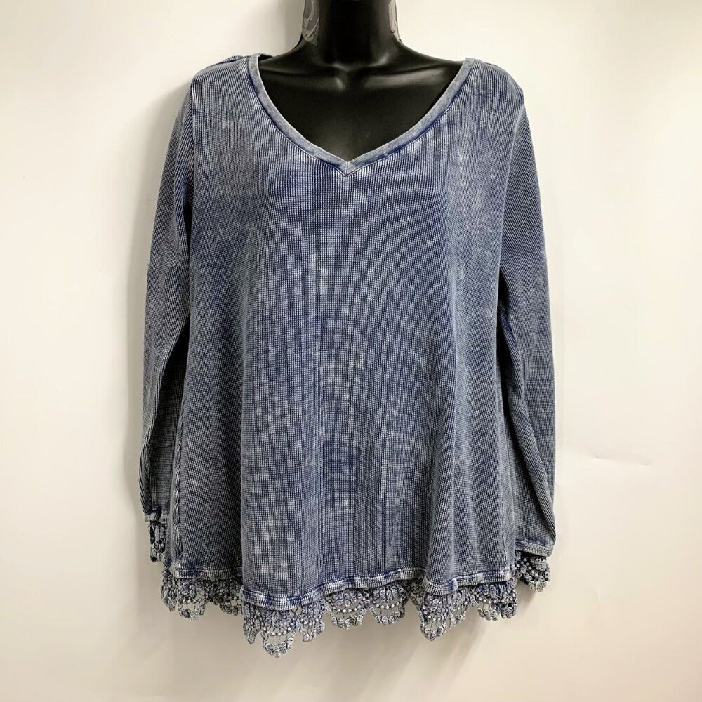 Soft Surroundings Sutton Gray Thermal Waffle Crochet Lace Trim Tunic Top SZ M